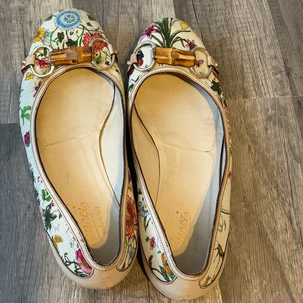 Gucci Multicolor Floral Print Leather and Canvas Bamboo Horsebit Ballet 7 1/2 B - Picture 4 of 7